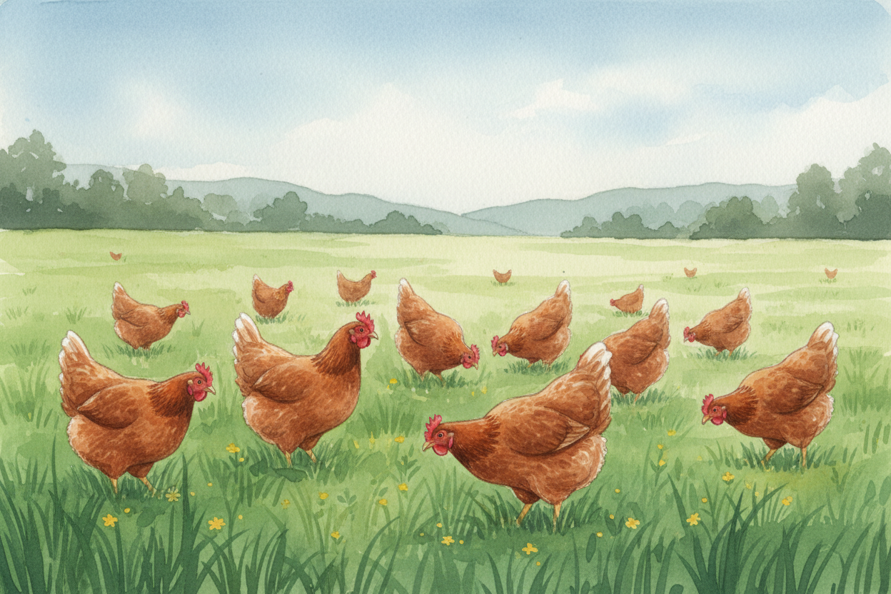 Watercolor chickens in pasture