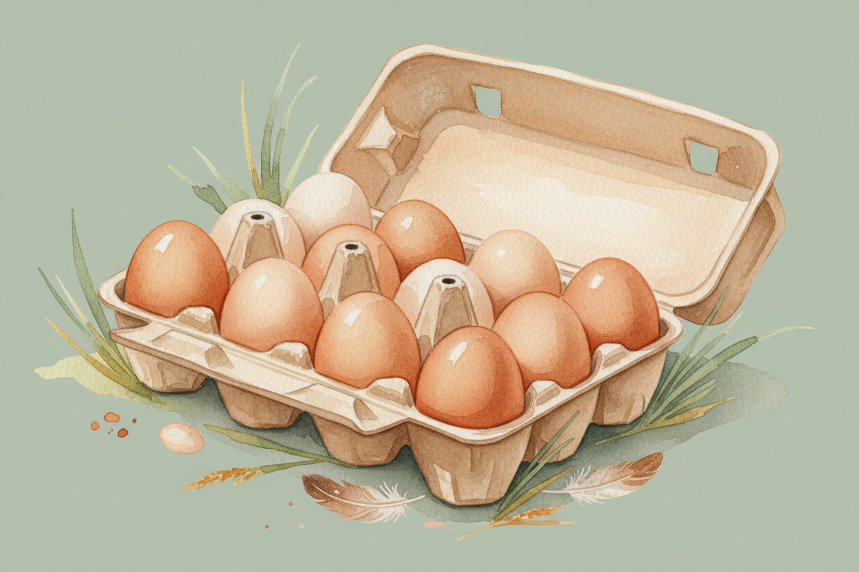 Carton of eggs with grass and feathers on a light green background