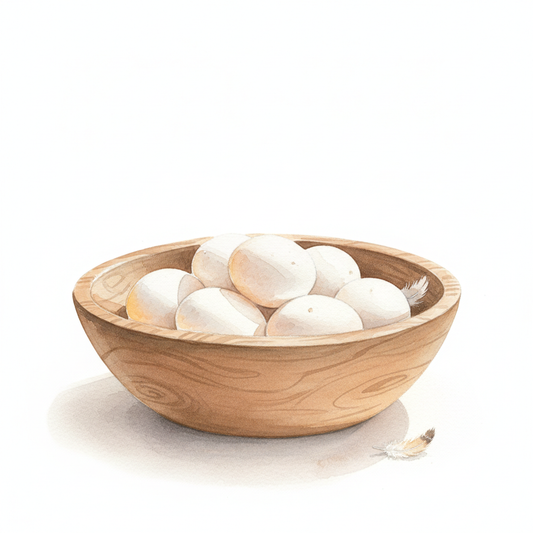 White eggs in wooden bowl